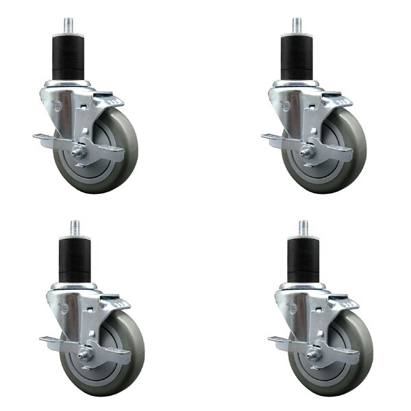 Service Caster 4'' SS Gray Poly Swivel 1-3/4'' Expanding Stem Caster Set with Brake, 4PK SCC-SSEX20S414-PPUB-TLB-134-4 - main